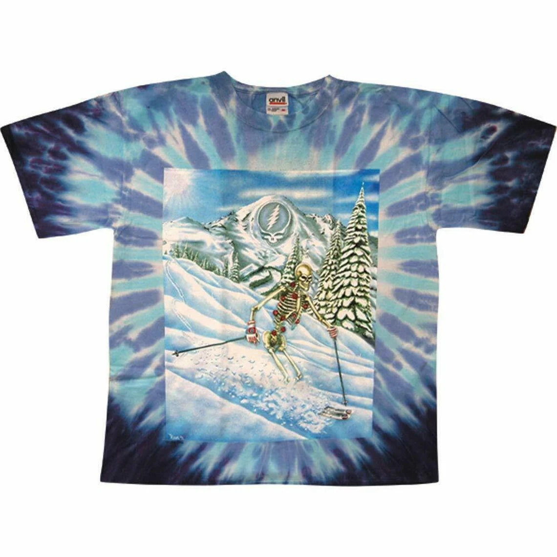 Grateful Dead Powderman skiing shirt - Grateful Dead skiing tie dye shirt - Bertha skiing shirt - Skelton skier shirt - Dead Head shirt - sizes: small, medium, large, XL, 2XL, 3XL, 4XL and 5XL