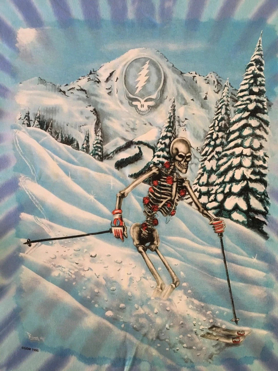 Grateful Dead Powderman skiing shirt - Grateful Dead skiing tie dye shirt - Bertha skiing shirt - Skelton skier shirt - Dead Head shirt - sizes: small, medium, large, XL, 2XL, 3XL, 4XL and 5XL